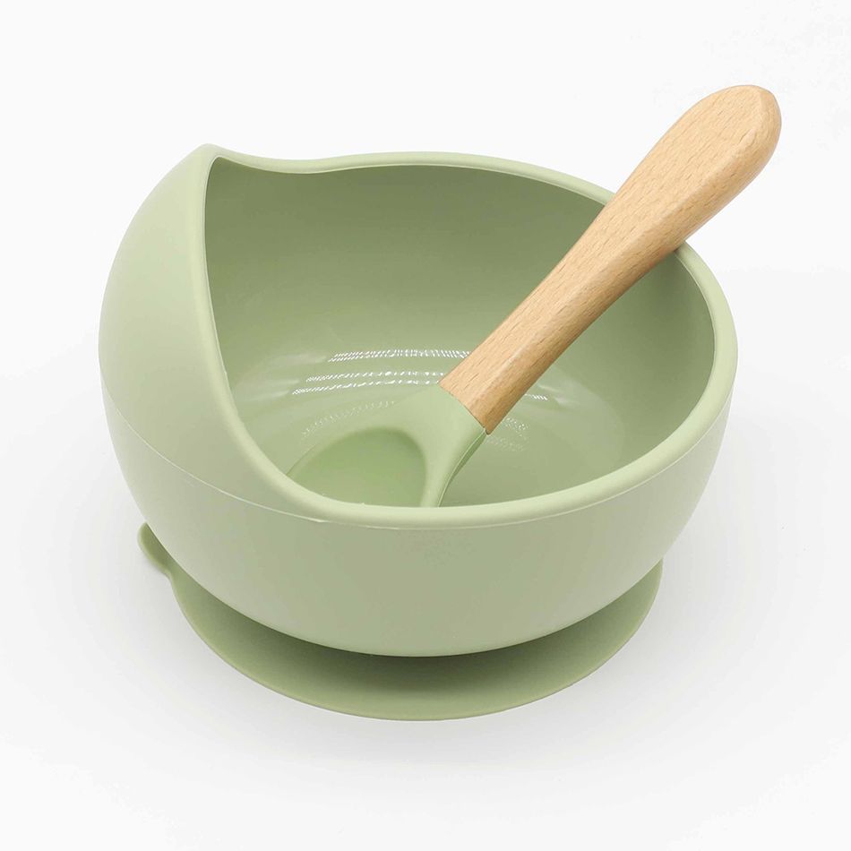 2Pcs Baby Silicone Suction Bowl and Spoon with Wood Handle Baby Toddler Tableware Dishes Self-Feeding Utensils Set for Self-Training Pale Green big image 1