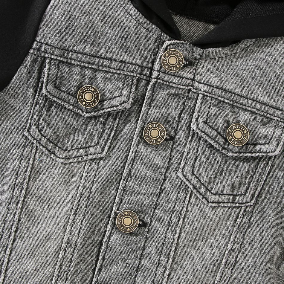 Baby Boy Button Design Denim Splicing Hooded Long-sleeve Jacket Black big image 3