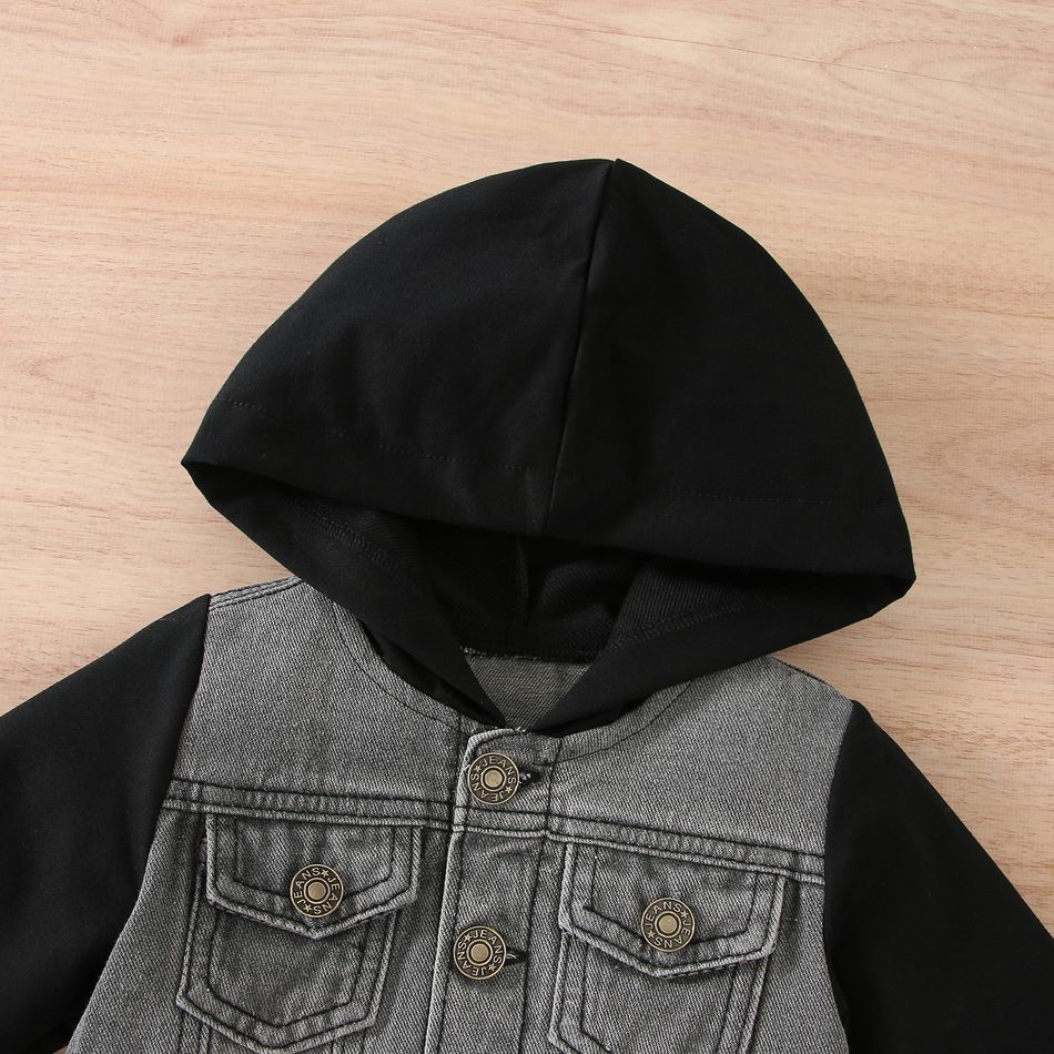 Baby Boy Button Design Denim Splicing Hooded Long-sleeve Jacket Black big image 4