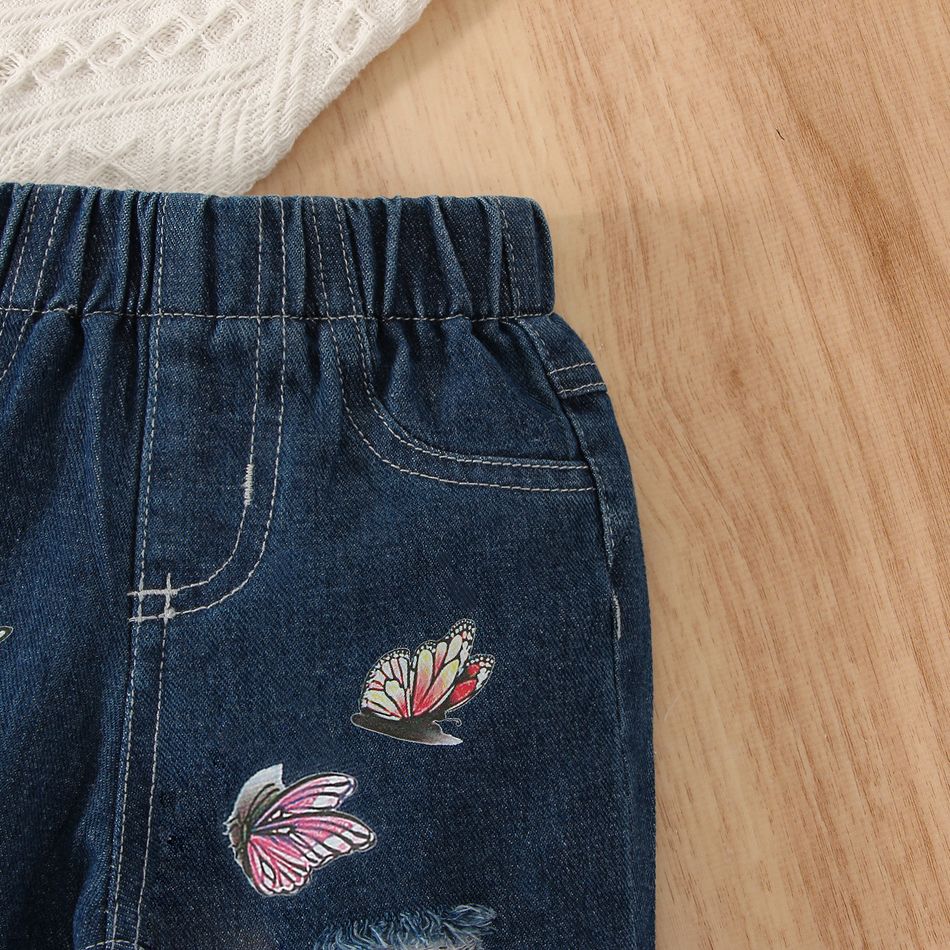 Baby Girl Butterfly Print Ripped Jeans Blue big image 3