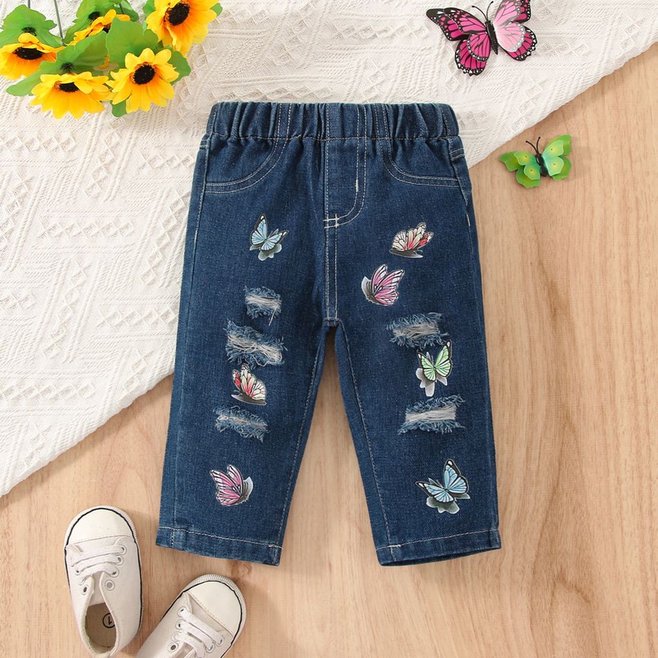 Baby Girl Butterfly Print Ripped Jeans Blue