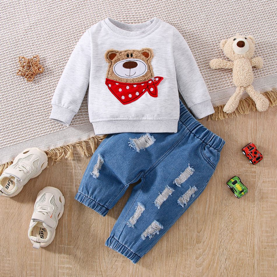 2pcs Baby Boy/Girl Long-sleeve Bear Graphic Sweatshirt and Ripped Jeans Set LightApricot