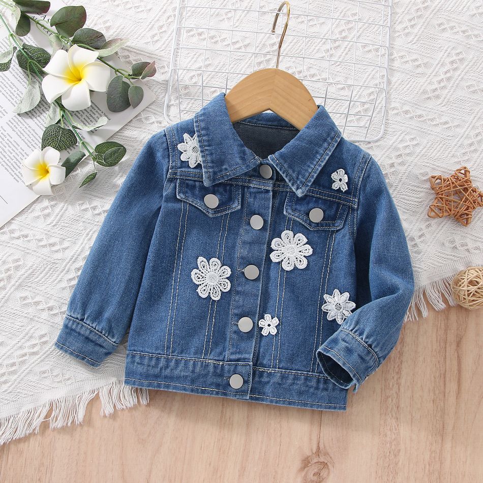 Baby Girl Floral Applique Decor Long-sleeve Denim Jacket Blue big image 1