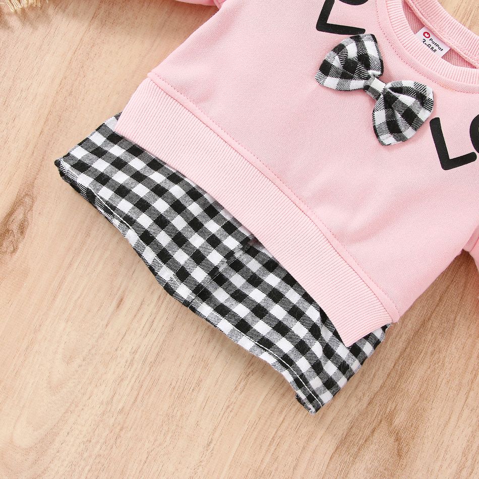 2pcs Baby Girl Bow Front Plaid Hem Faux-two Long-sleeve Letter Print Sweatshirt and Jeans Set Pink big image 4