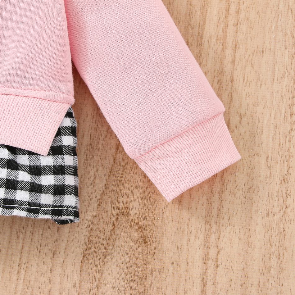 2pcs Baby Girl Bow Front Plaid Hem Faux-two Long-sleeve Letter Print Sweatshirt and Jeans Set Pink big image 5