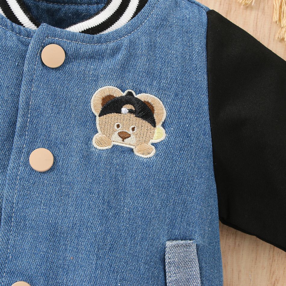 Baby Boy Bear Embroidered Denim Spliced Long-sleeve Bomber Jacket Blue big image 4