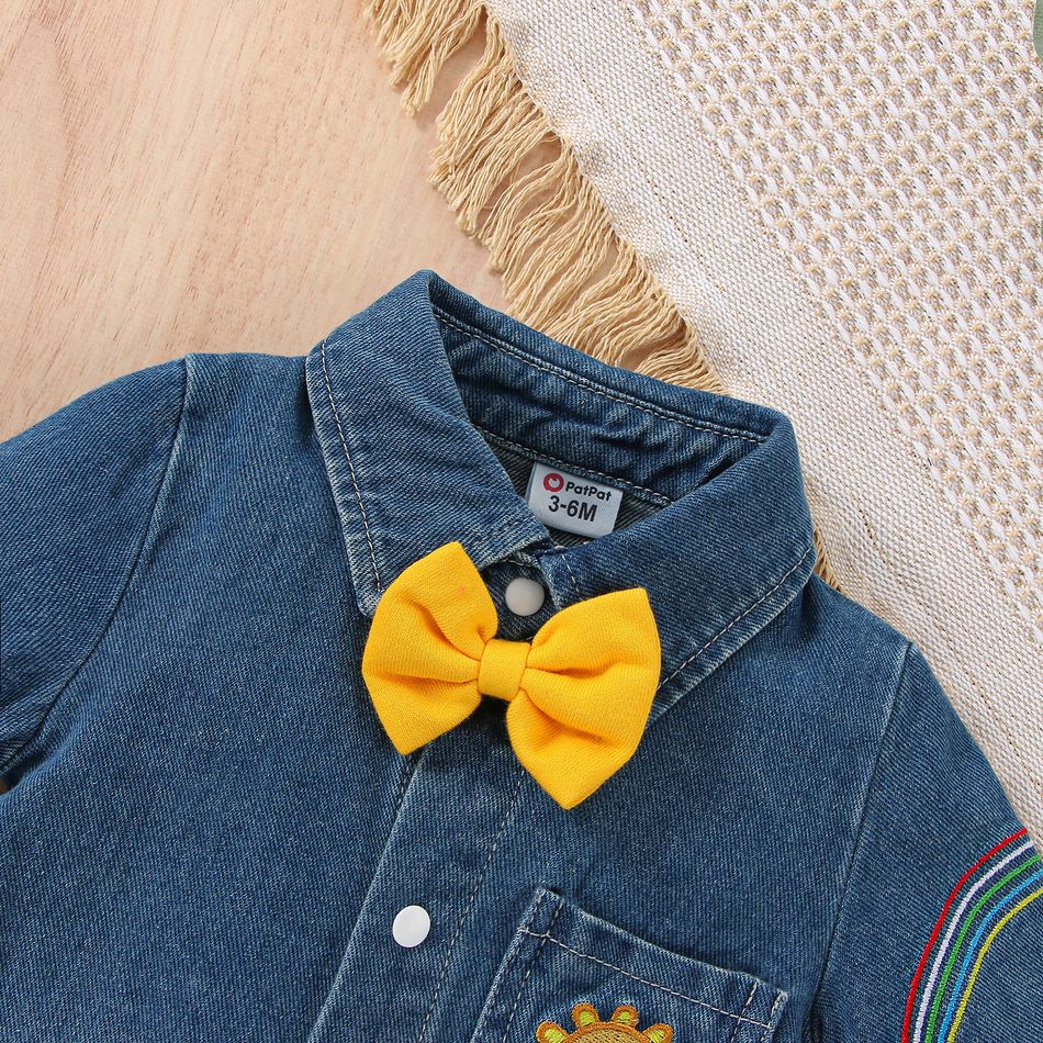 Baby Boy/Girl Bow Tie Decor Rainbow Embroidered Long-sleeve Denim Jumpsuit Blue big image 3