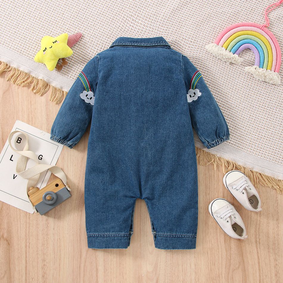 Baby Boy/Girl Bow Tie Decor Rainbow Embroidered Long-sleeve Denim Jumpsuit Blue big image 2