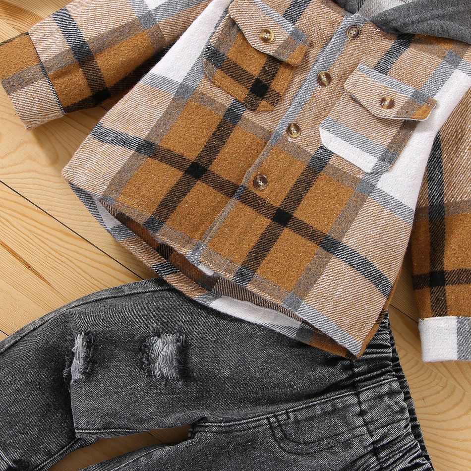 2pcs Baby Boy Long-sleeve Hooded Plaid Jacket and Ripped Jeans Set Brown big image 3