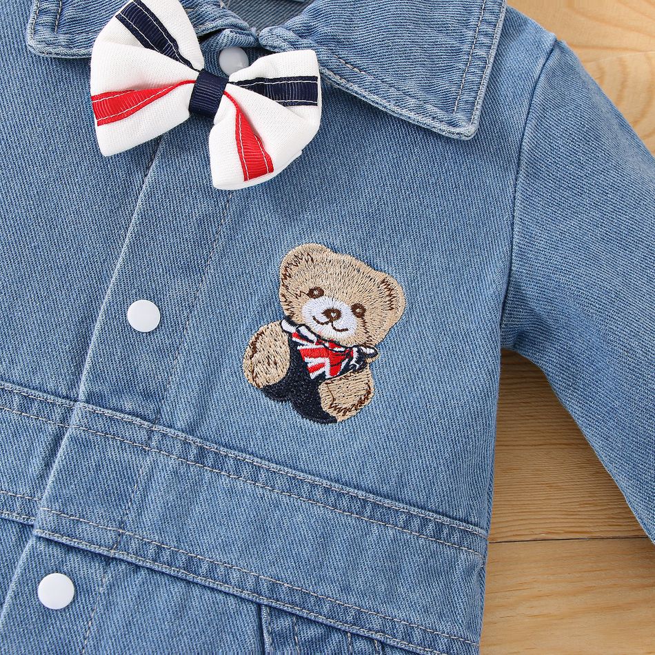 Baby Boy Bow Tie Decor Bear Embroidered Long-sleeve Denim Jumpsuit Blue big image 4