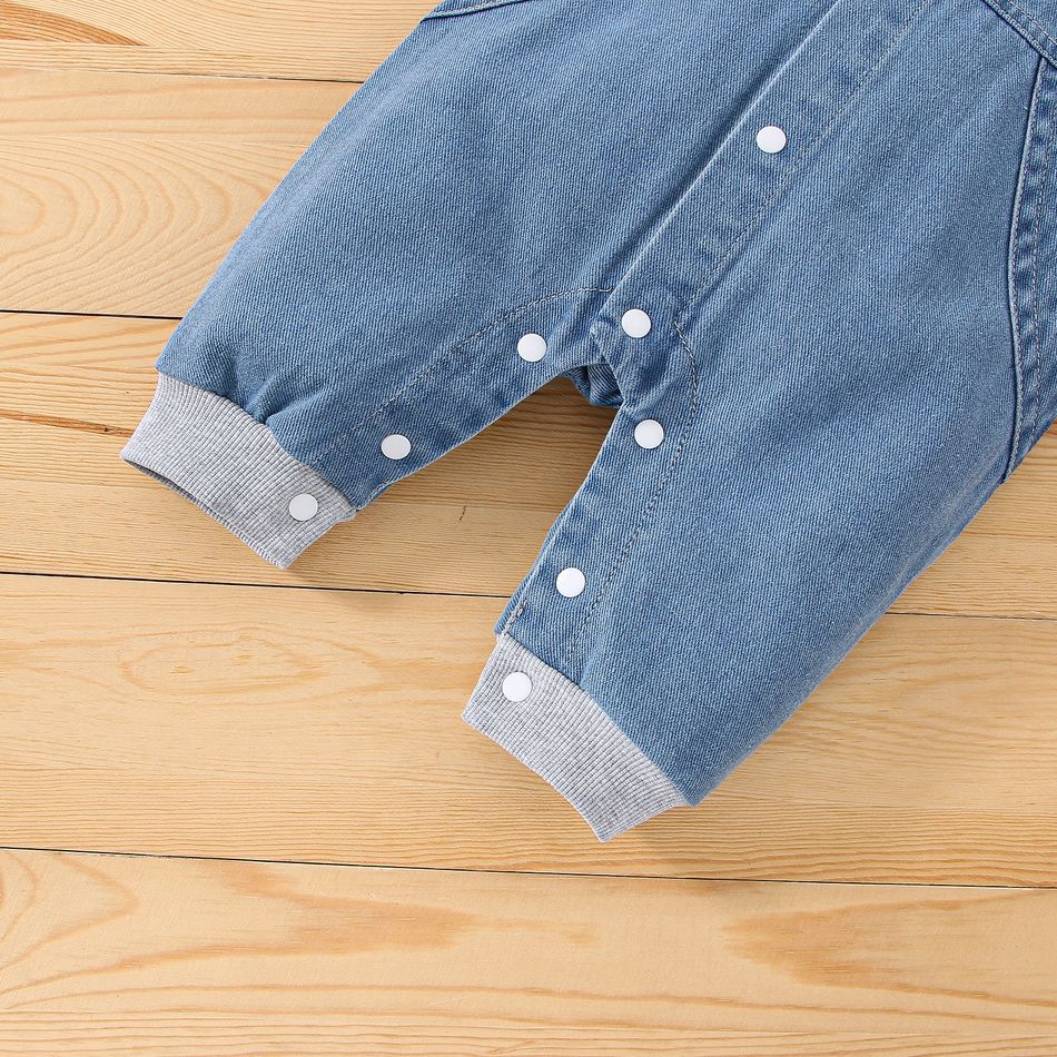 Baby Boy Bow Tie Decor Bear Embroidered Long-sleeve Denim Jumpsuit Blue big image 6