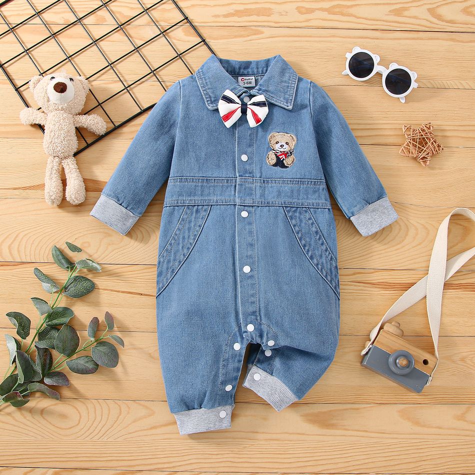 Baby Boy Bow Tie Decor Bear Embroidered Long-sleeve Denim Jumpsuit Blue big image 1