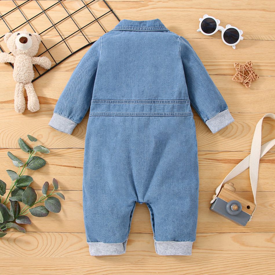 Baby Boy Bow Tie Decor Bear Embroidered Long-sleeve Denim Jumpsuit Blue big image 2