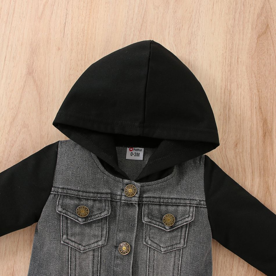 Baby Boy Denim Spliced Hooded Long-sleeve Button Front Jumpsuit Black big image 3