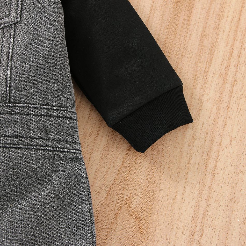 Baby Boy Denim Spliced Hooded Long-sleeve Button Front Jumpsuit Black big image 5