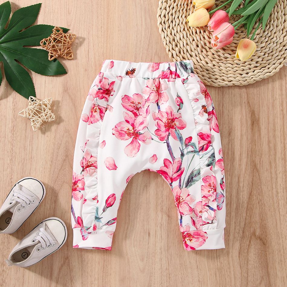 Baby Girl Allover Floral Print Ruffle Trim Pants Pink