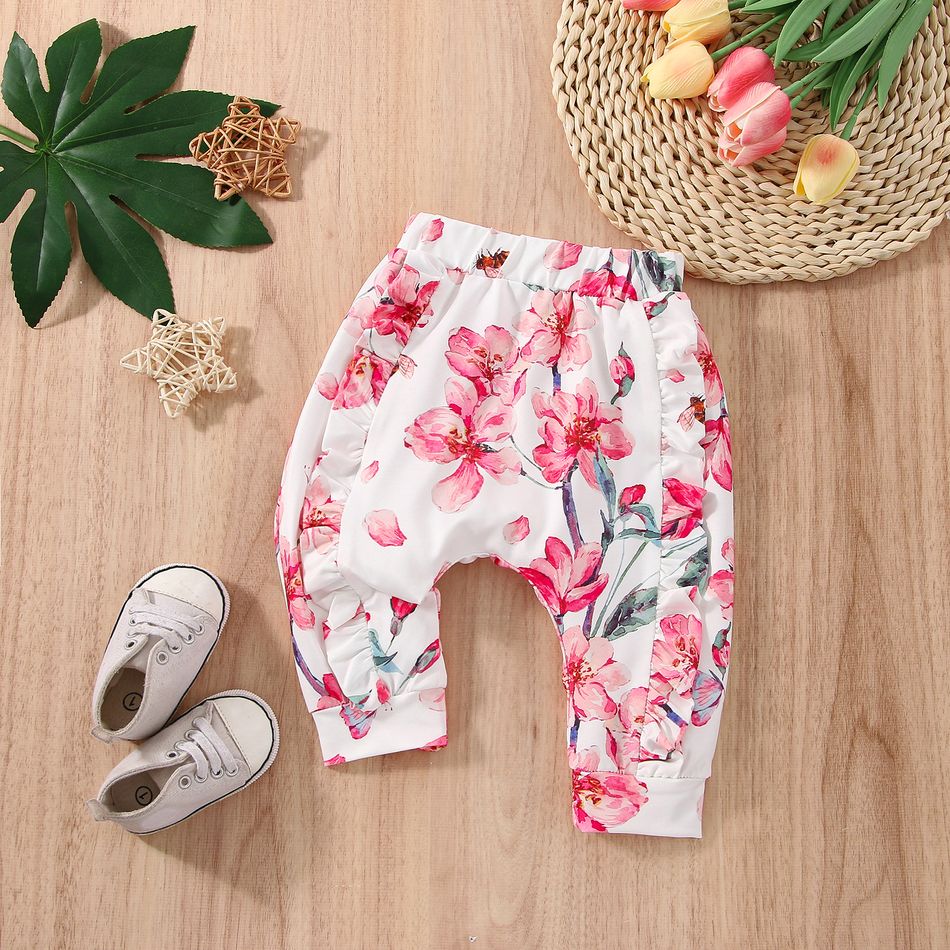 Baby Girl Allover Floral Print Ruffle Trim Pants Pink big image 4