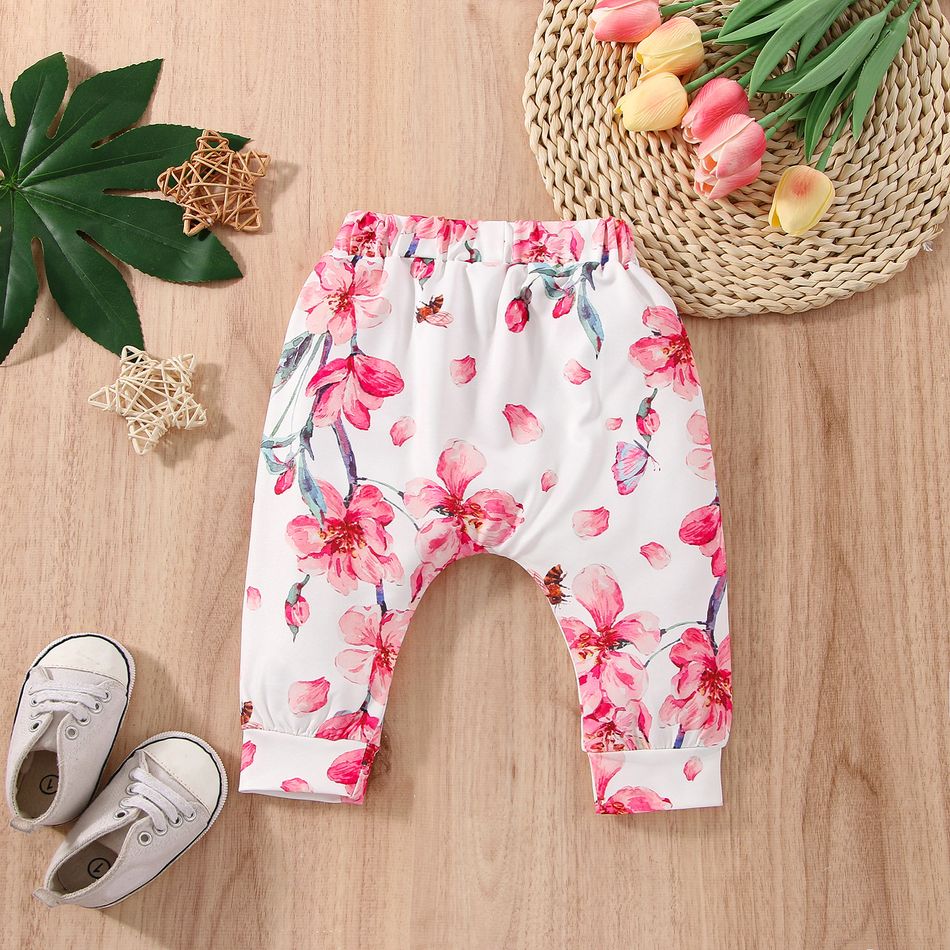 Baby Girl Allover Floral Print Ruffle Trim Pants Pink big image 3