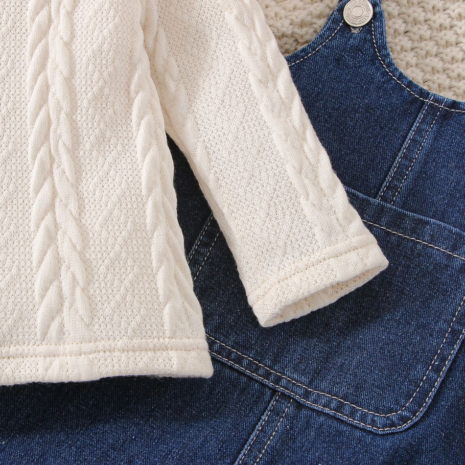 2pcs Baby Boy/Girl Solid Imitation Knitting Long-sleeve Top and Denim Overalls Pants Set Blue big image 6