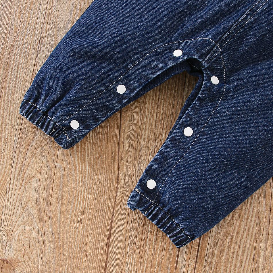 2pcs Baby Boy/Girl Solid Imitation Knitting Long-sleeve Top and Denim Overalls Pants Set Blue big image 7