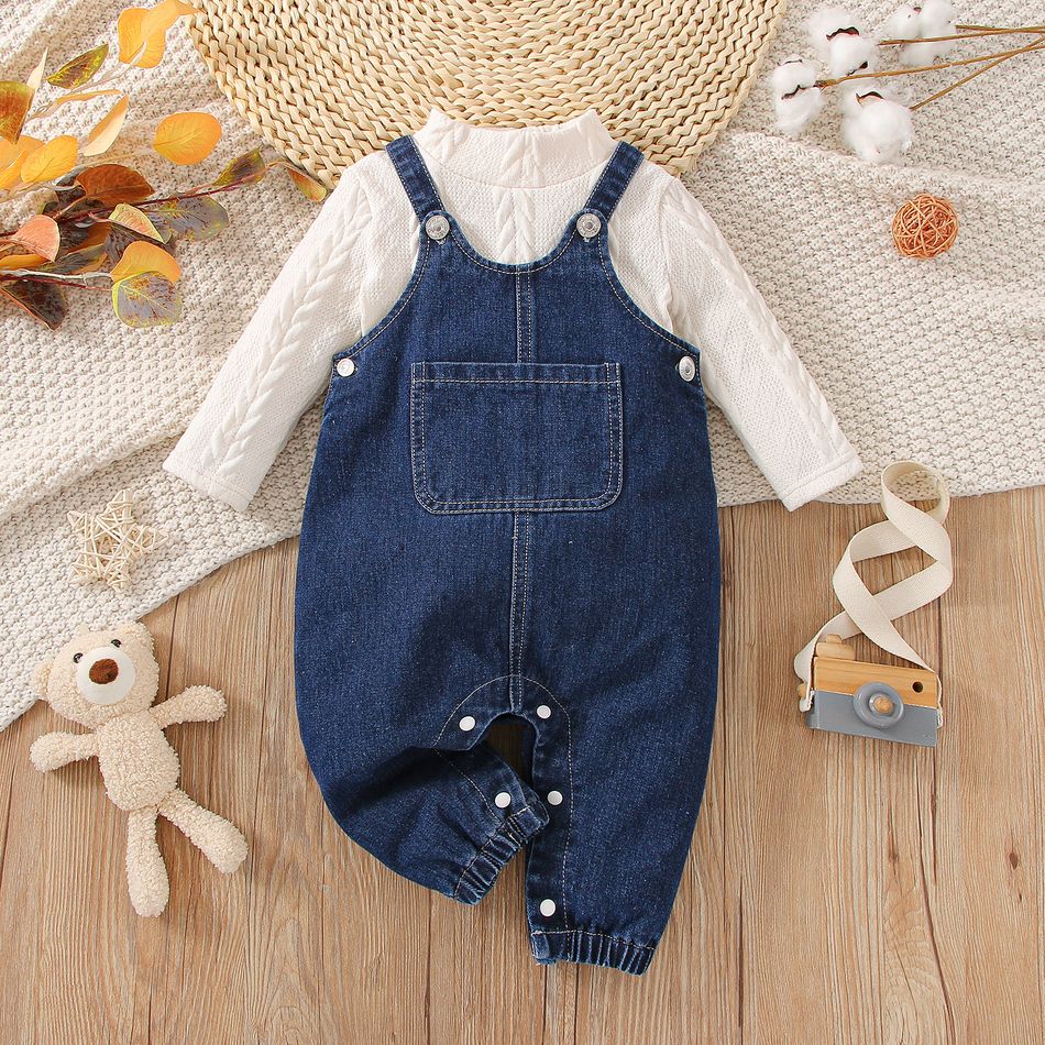2pcs Baby Boy/Girl Solid Imitation Knitting Long-sleeve Top and Denim Overalls Pants Set Blue