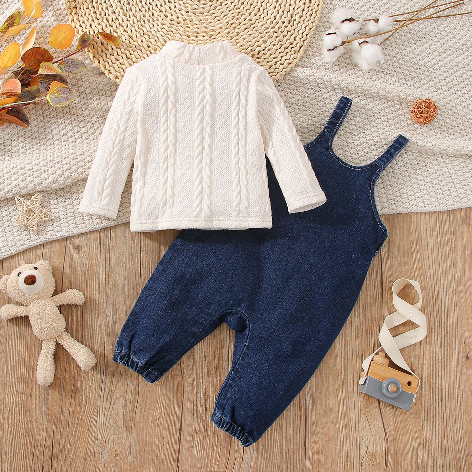 2pcs Baby Boy/Girl Solid Imitation Knitting Long-sleeve Top and Denim Overalls Pants Set Blue big image 2