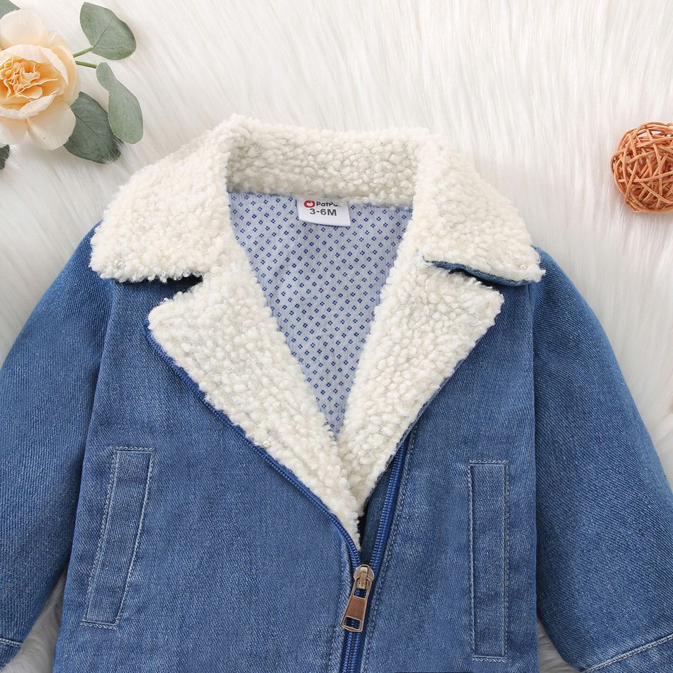 Baby Boy Fleece Lapel Collar Spliced Denim Long-sleeve Zipper Jacket Blue big image 6