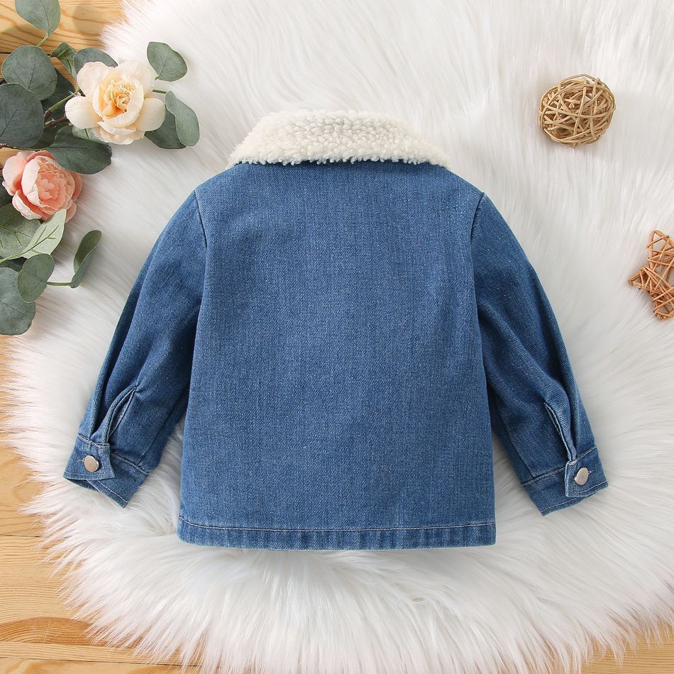 Baby Boy Fleece Lapel Collar Spliced Denim Long-sleeve Zipper Jacket Blue