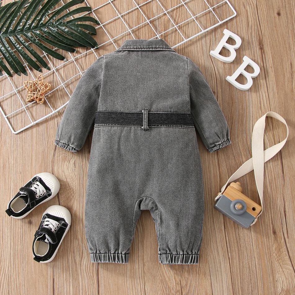 Baby Boy/Girl Long-sleeve Belted Denim Jumpsuit blackgray big image 2