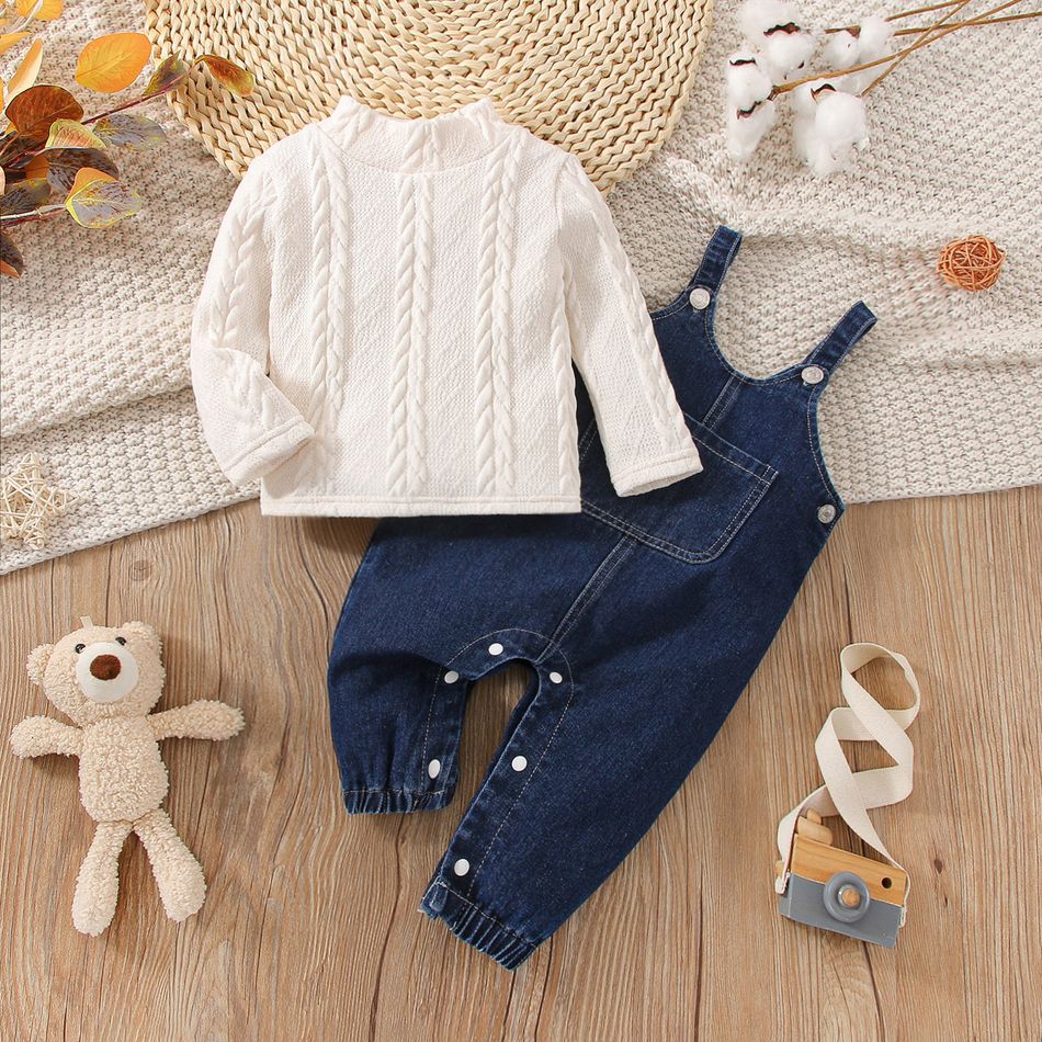 2pcs Baby Boy/Girl Solid Imitation Knitting Long-sleeve Top and Denim Overalls Pants Set Blue big image 3