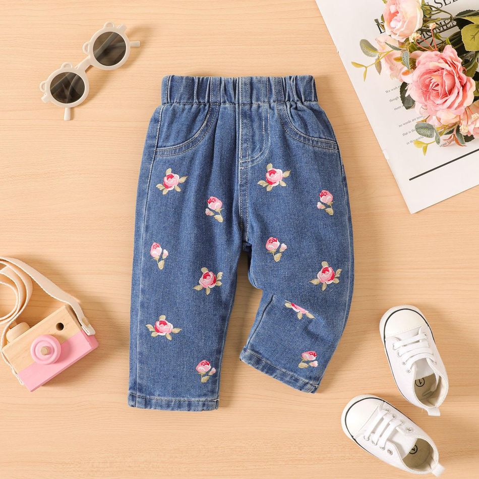 Baby Girl Allover Rose Floral Print Straight-fit Jeans Blue big image 4