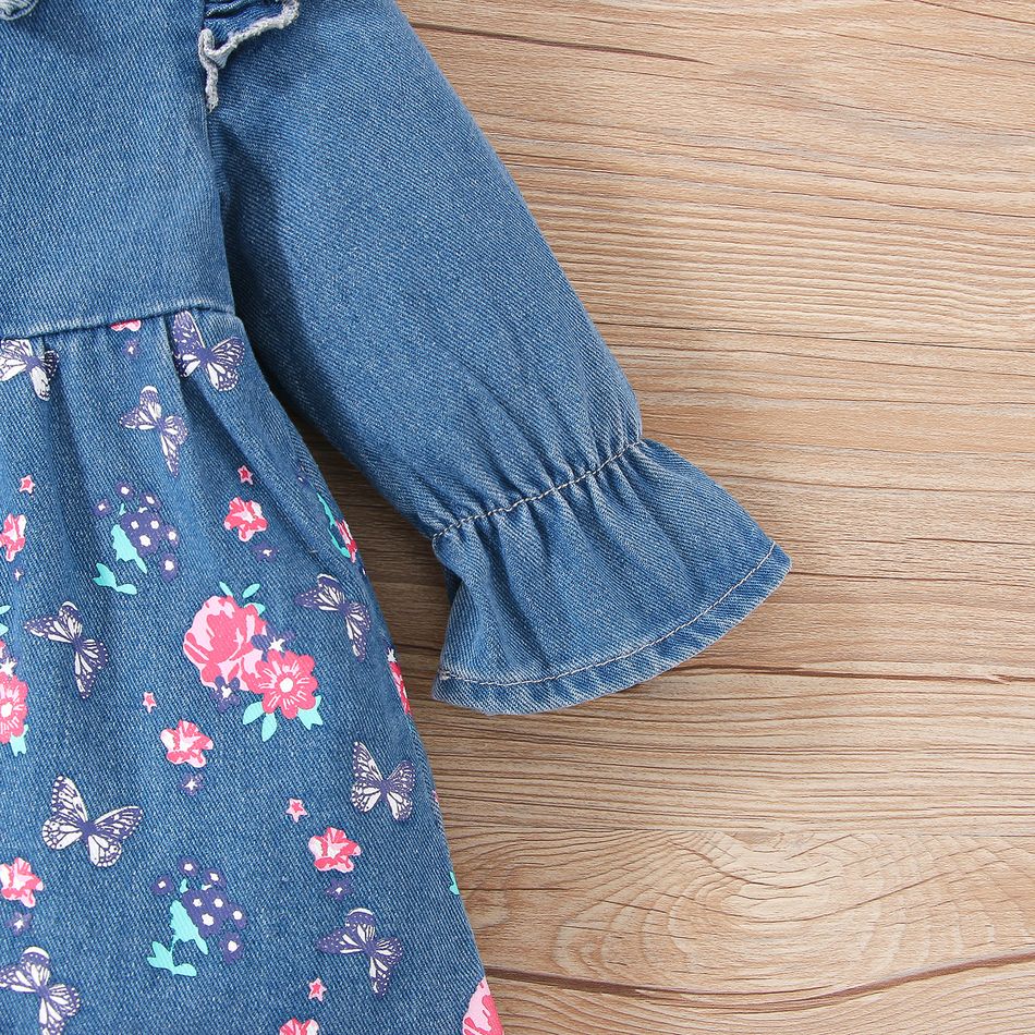 Baby Girl Butterfly & Floral Print Ruffle Trim Long-sleeve Denim Dress Blue big image 5