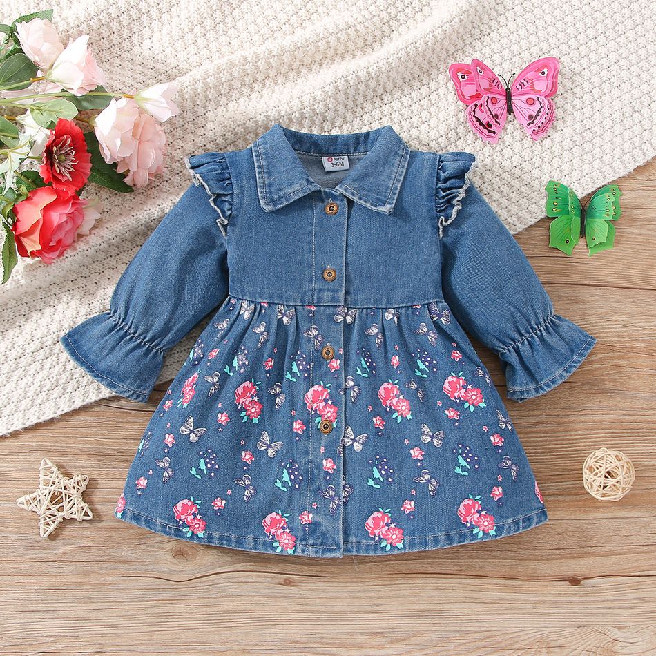 Baby Girl Butterfly & Floral Print Ruffle Trim Long-sleeve Denim Dress Blue big image 1