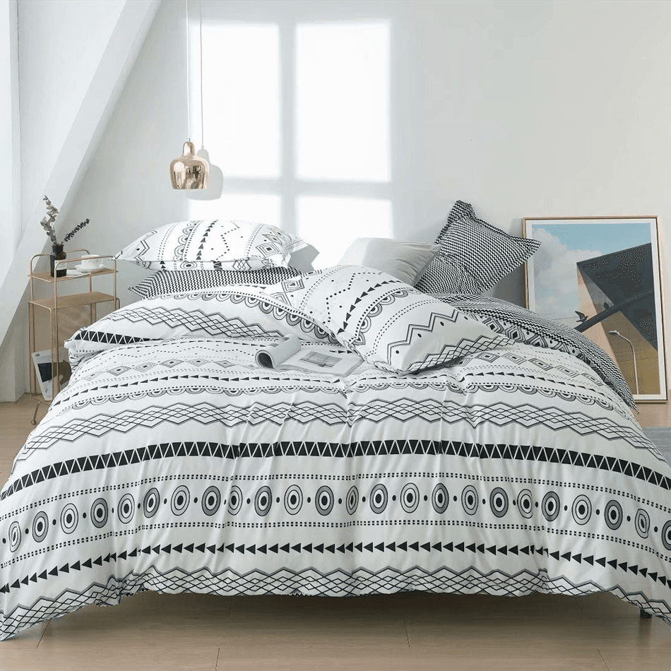3-teiliges Boho-Chic-Bettwäsche-Set 1 Bettbezug und 2 Kissenbezüge mit geometrischem Print im Bohemian-Stil weiß big image 1
