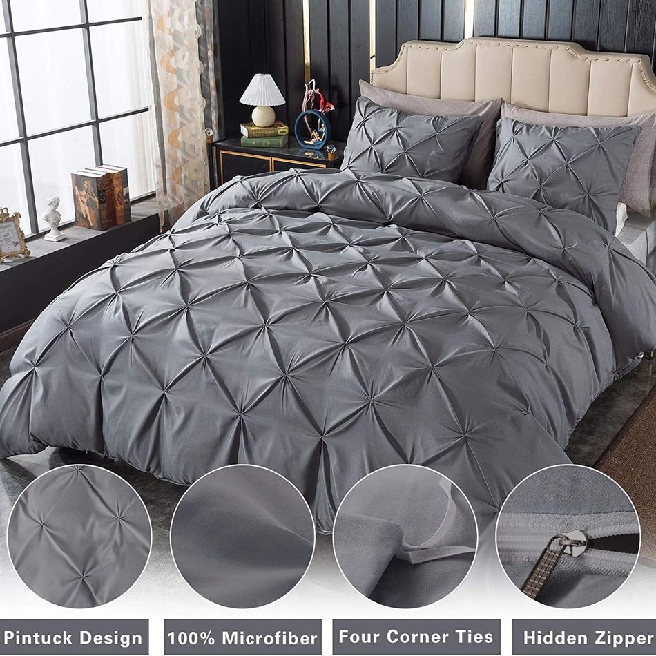 3 Piece Dark Grey Pinch Pleated Design Duvet Cover Set 1 Duvet Cover & 2 Pillow Cases Luxury Bedding Set Dark Grey big image 2
