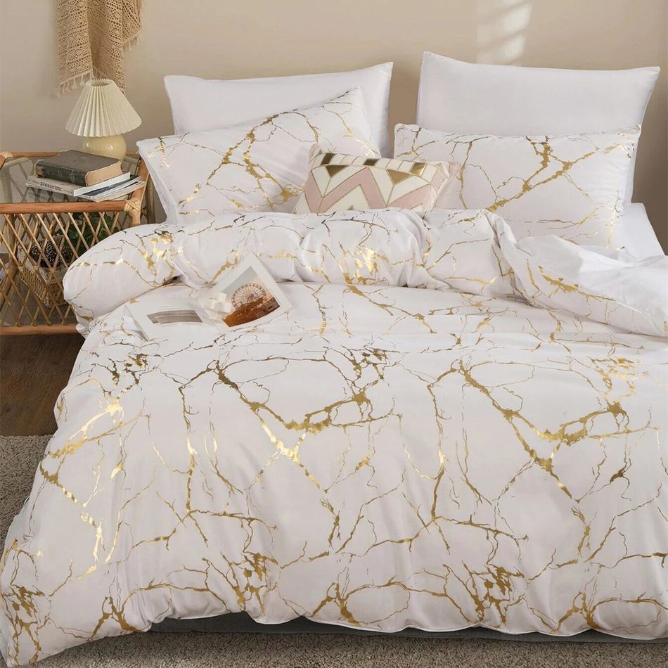 3 Piece Bronzing Marble Duvet Cover Set Soft Comforter Cover 1 Duvet Cover & 2 Pillowcases Gold Foil Print Glitter Bedding Set White big image 1