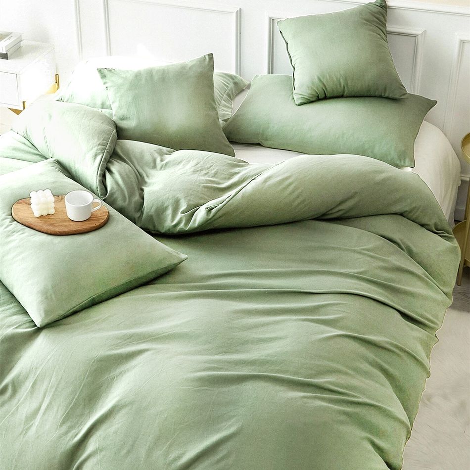 3-teiliges olivgrünes Bettbezug-Set, minimalistisches, solides, weiches Bettbezug-Set, 1 Bettbezug und 2 Kissenbezüge grün big image 3