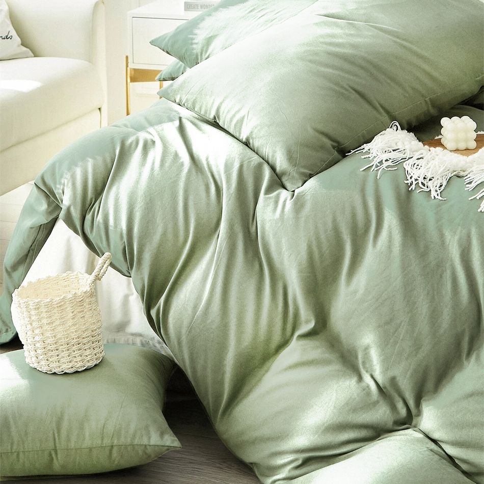 3-teiliges olivgrünes Bettbezug-Set, minimalistisches, solides, weiches Bettbezug-Set, 1 Bettbezug und 2 Kissenbezüge grün big image 5