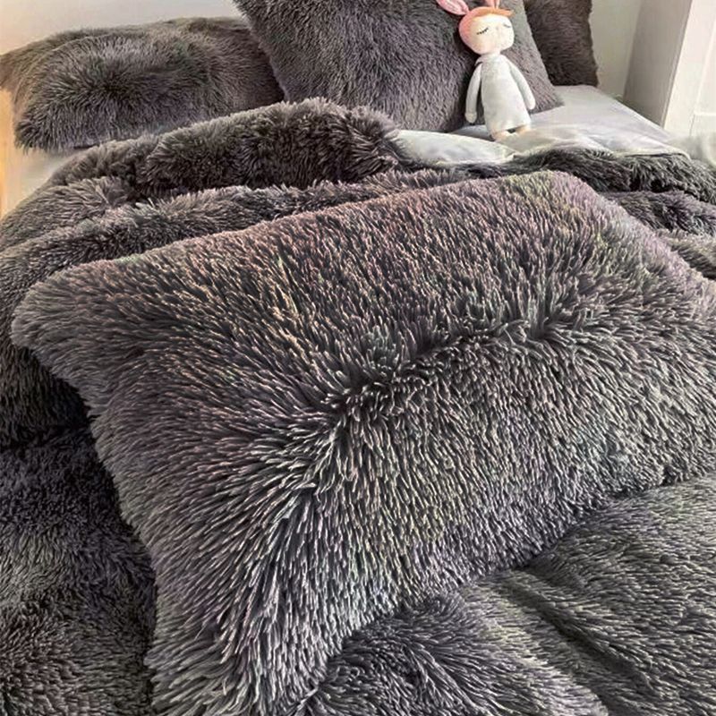 3 Piece Solid Plush Bedding Set 1 Fuzzy Fleece Duvet Cover & 2 Pillow Cases Dark Grey big image 3