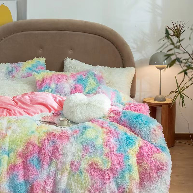 3 Piece Rainbow Tie Dye Plush Bedding Set 1 Fuzzy Fleece Duvet Cover & 2 Pillow Cases Multi-color big image 3