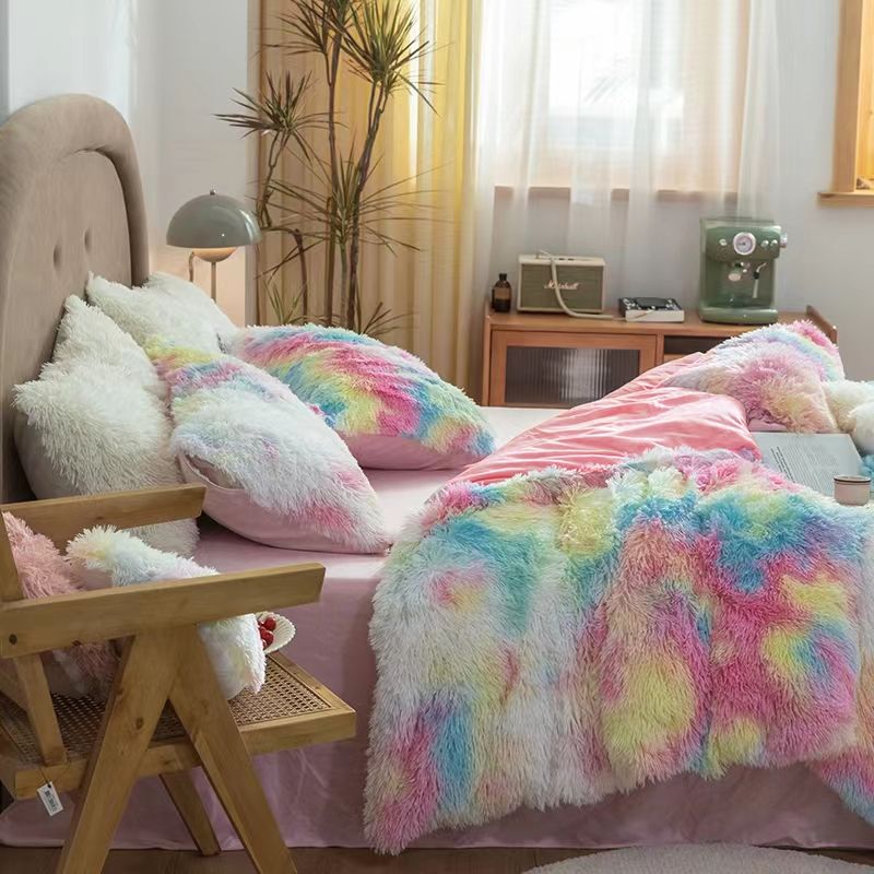 3 Piece Rainbow Tie Dye Plush Bedding Set 1 Fuzzy Fleece Duvet Cover & 2 Pillow Cases Multi-color big image 4