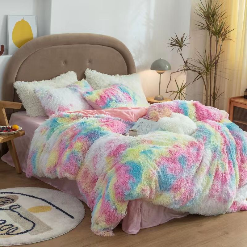 3 Piece Rainbow Tie Dye Plush Bedding Set 1 Fuzzy Fleece Duvet Cover & 2 Pillow Cases Multi-color