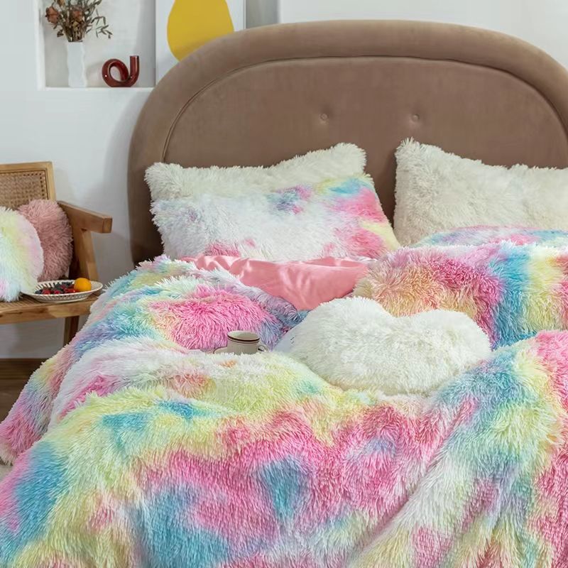 3 Piece Rainbow Tie Dye Plush Bedding Set 1 Fuzzy Fleece Duvet Cover & 2 Pillow Cases Multi-color big image 7