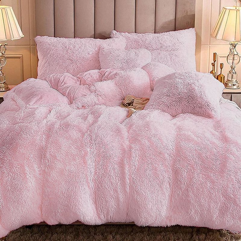 Conjunto de 3 peças de cama de pelúcia sólida 1 capa de edredon de lã felpuda e 2 fronhas Rosa Claro big image 1