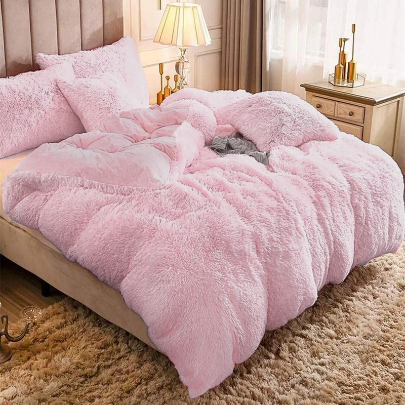 طقم سرير قطيفة متين مكون من 3 قطع وغطاء لحاف من الصوف الغامض وغطاء وسادة وردي فاتح big image 2