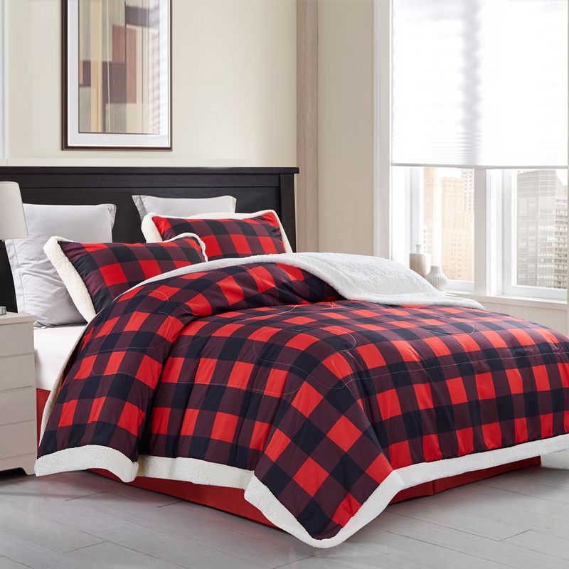 3 Piece Buffalo Plaid Bedding Set 1 Plush Fleece Blanket & 2 Pillow Cases Red/White big image 2