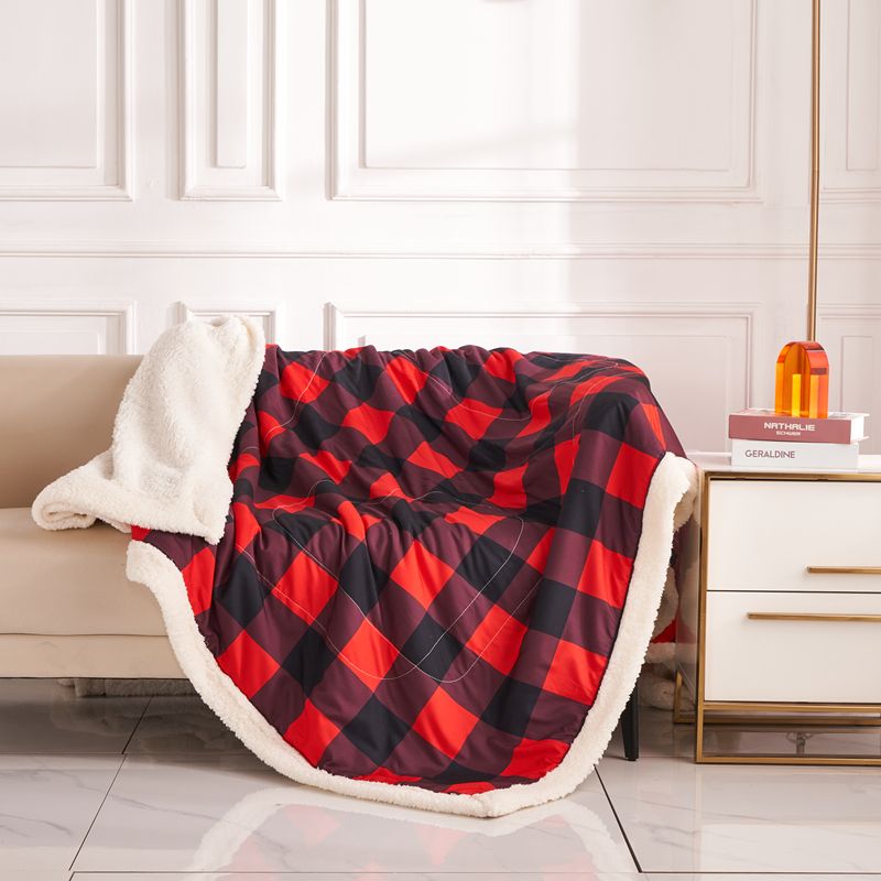 3 Piece Buffalo Plaid Bedding Set 1 Plush Fleece Blanket & 2 Pillow Cases Red/White big image 5