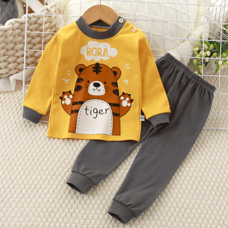 Home Cozy Toddler 100% Cotton Tiger Print Long-sleeve Top and Allover Pants Set Yellow