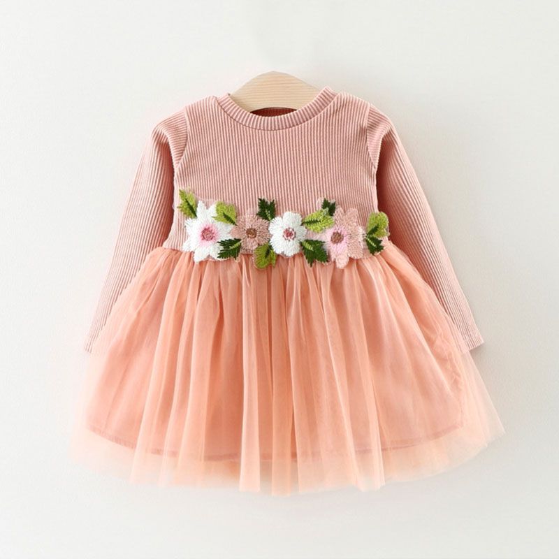 100% Cotton Floral Pattern Mesh Layered Long-sleeve Baby Dress Pink big image 1