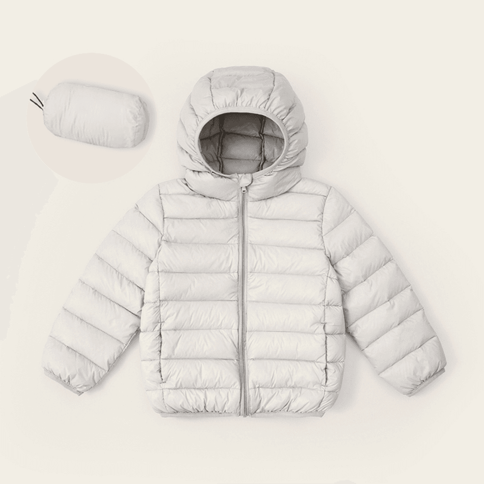 Kid Boy/Kid Girl Portable Packable Solid Color Hooded Zipper Design Puffer Down Coats Light Grey